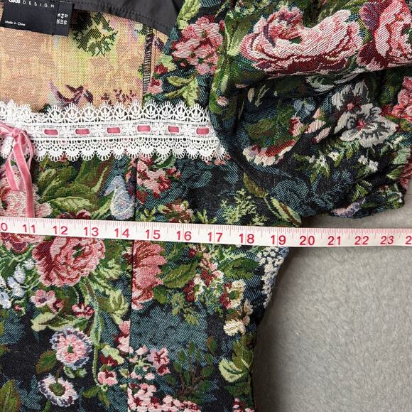 ASOS DESIGN Floral Tapestry Milkmaid Mini Dress Ribbon Detail Size 12 Coquette - Picture 6 of 11